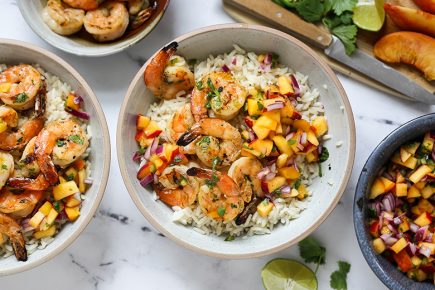 Spicy Grilled Shrimp with Coconut Rice and Peach Salsa | www.floatingkitchen.net